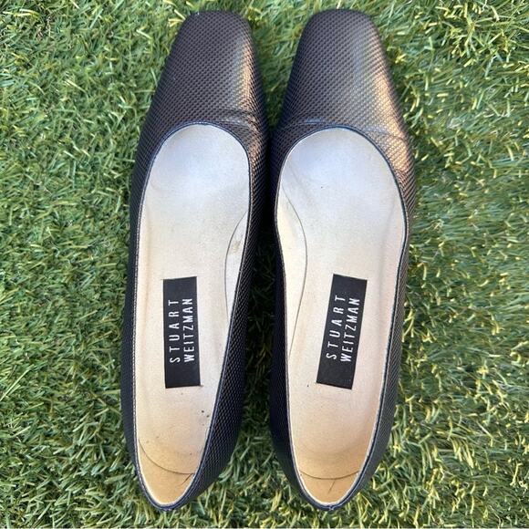 Stuart Weitzman Maeve 50 Low Block Heel Textured Navy Almond Toe Dress Shoes 8 - Picture 4 of 9